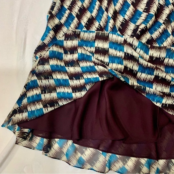 NWT 100% Silk Skirt 8 Jones New York Dark Brown Teal Cream Geometric pattern - Picture 2 of 12